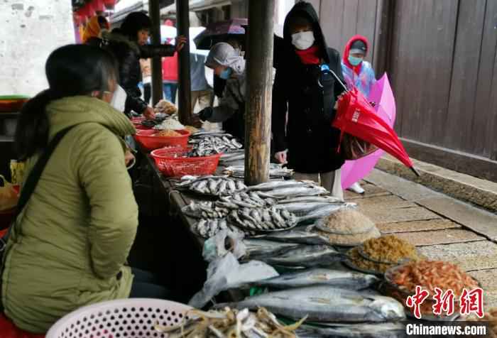 古镇湖鲜市场开市吸引游客。 黄莹 摄 800游人走进水墨周庄感受烟雨江南